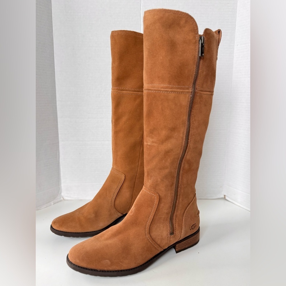 UGG SORENSEN CHESTNUT TALL EQUESTRIAN LEATHER SUEDE BOOTS WOMENS SIZE 9 - Picture 2 of 11